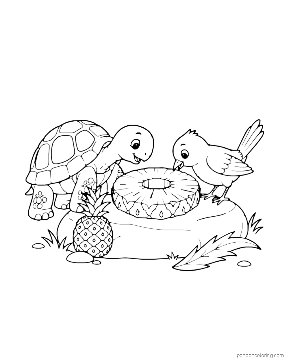 Turtle and bird leaning toward a pineapple ring on a low stone beside a whole fruit.