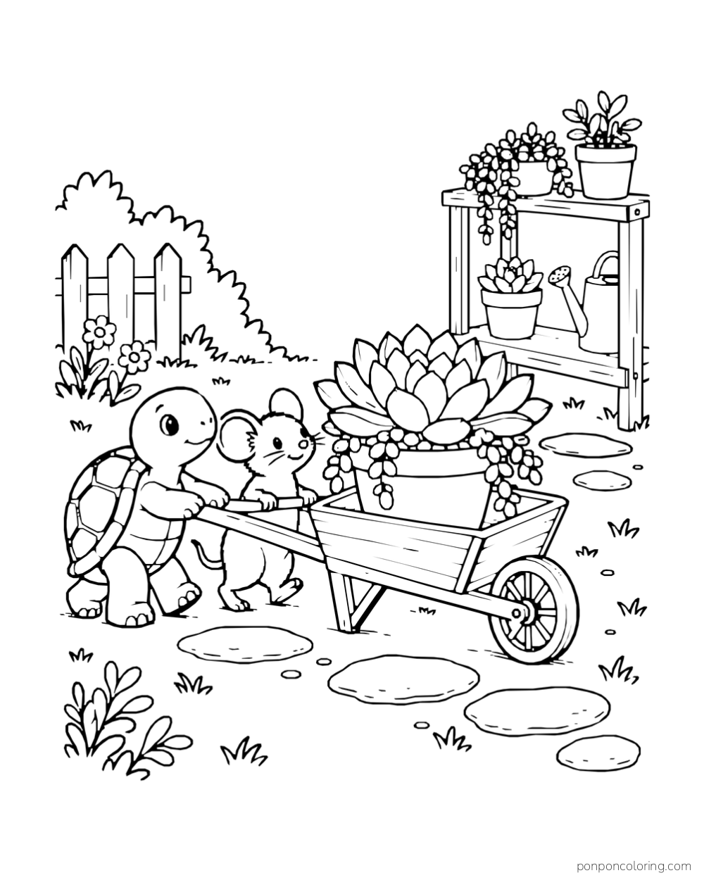 Turtle and mouse beside a wheelbarrow carrying a large succulent planter through a garden.