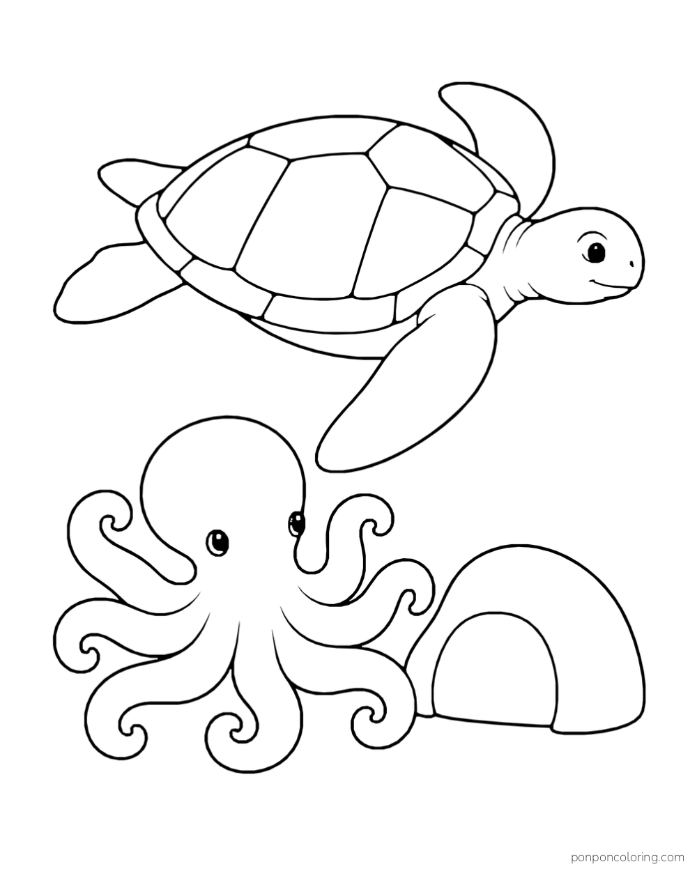 A sea turtle swims above an octopus with broad curling arms near a hollow rock.