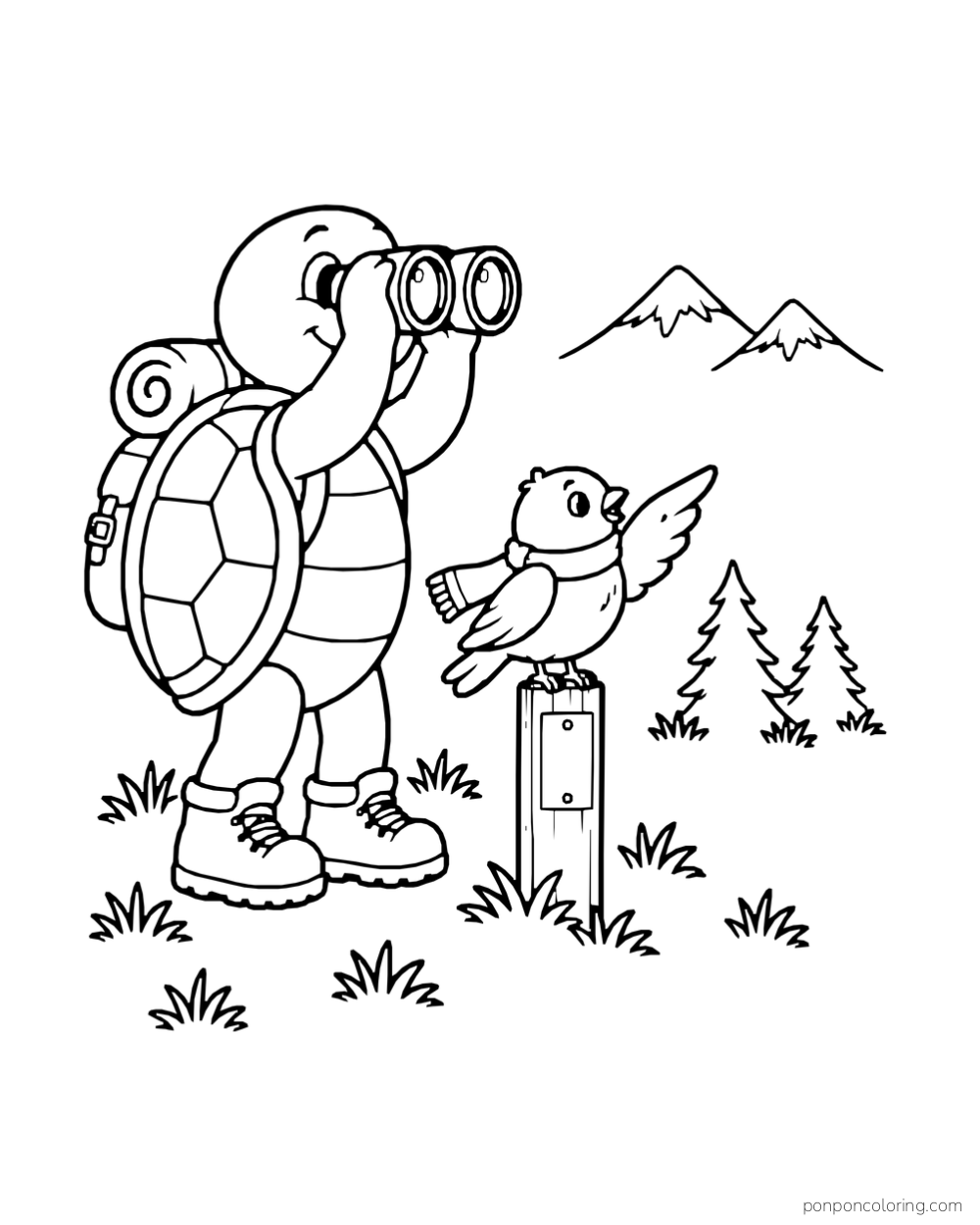 A turtle peers through binoculars while a bird points toward mountains.