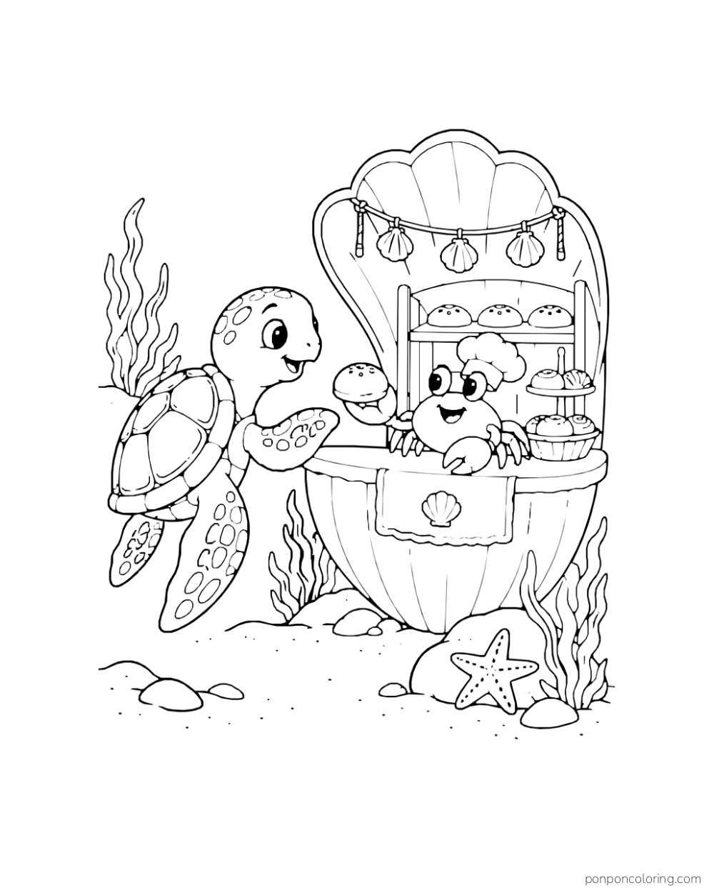 A sea turtle visits a crab selling bread at a shell-shaped bakery.