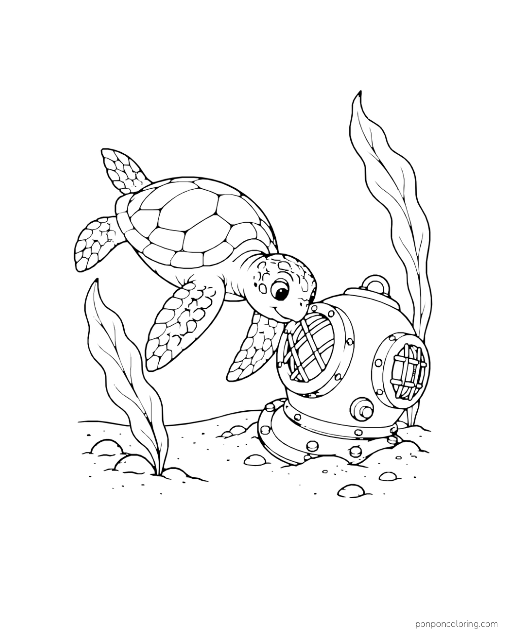 A sea turtle looks at an old diving helmet on the seabed.