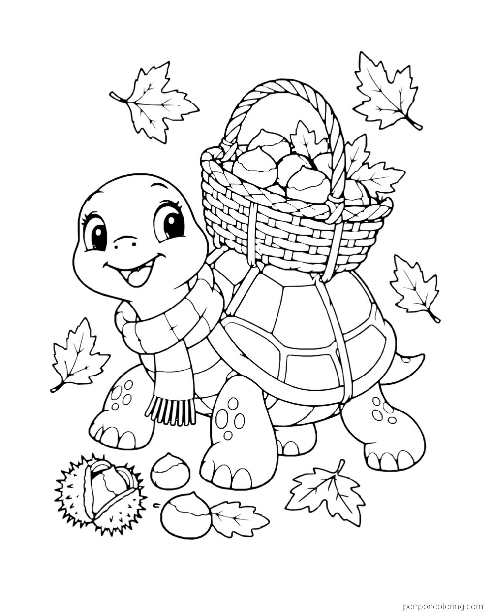 A turtle in a scarf carries a chestnut basket on its shell among scattered fall leaves.