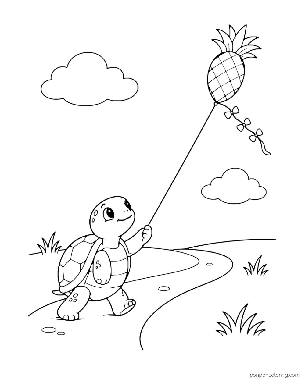 Turtle walking on a meadow path with a pineapple-shaped kite held by a taut string.