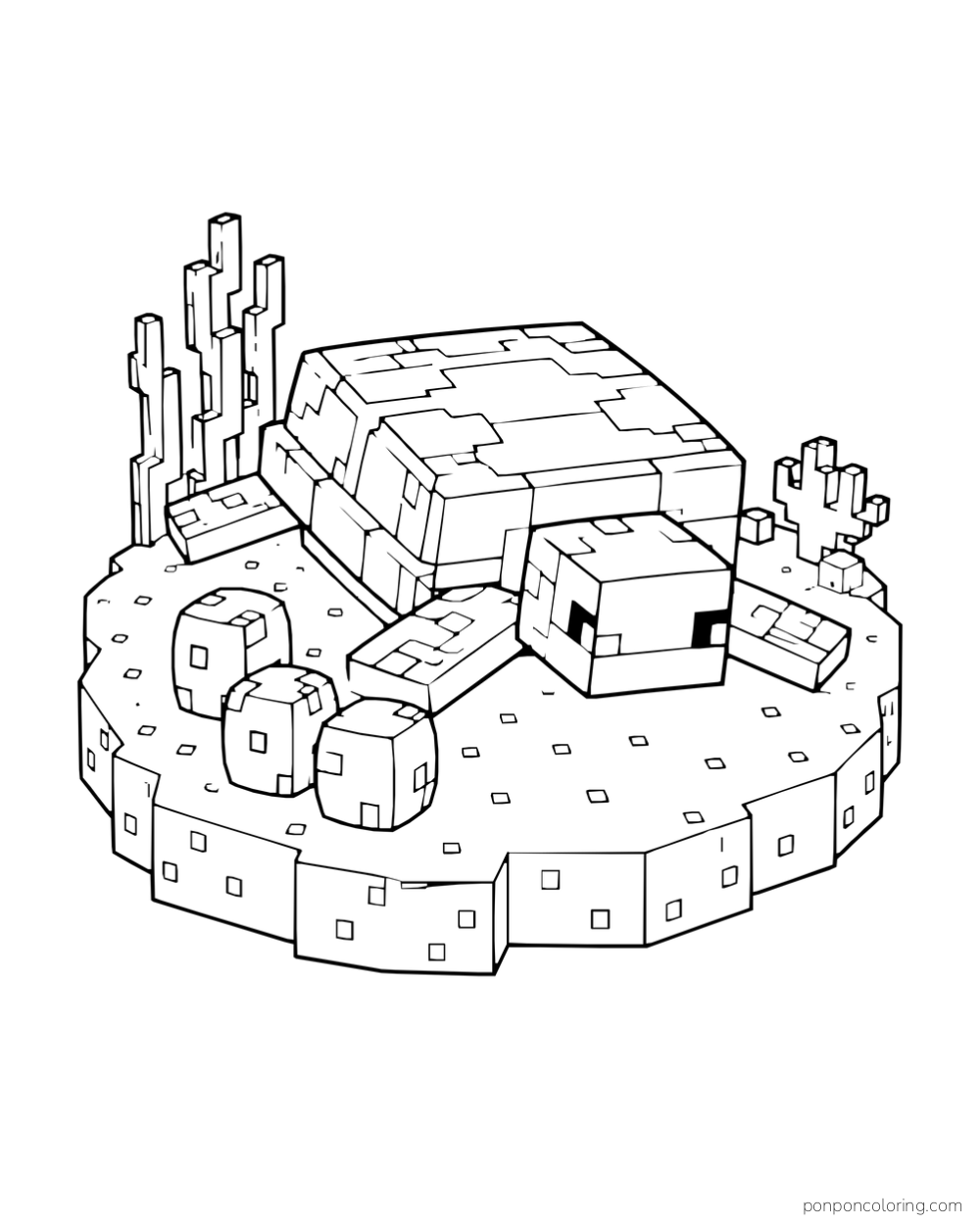 A Minecraft turtle rests on a small sandy island with eggs and plants.