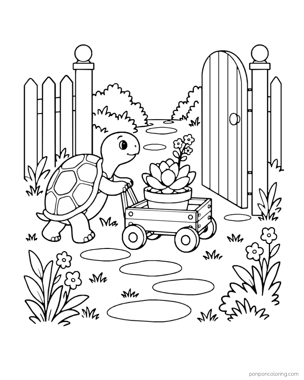 Turtle guiding a small wagon with a flowering succulent pot toward an open garden gate.