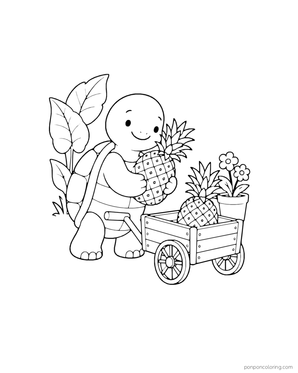 Turtle beside a small cart carrying pineapples and a flowerpot.