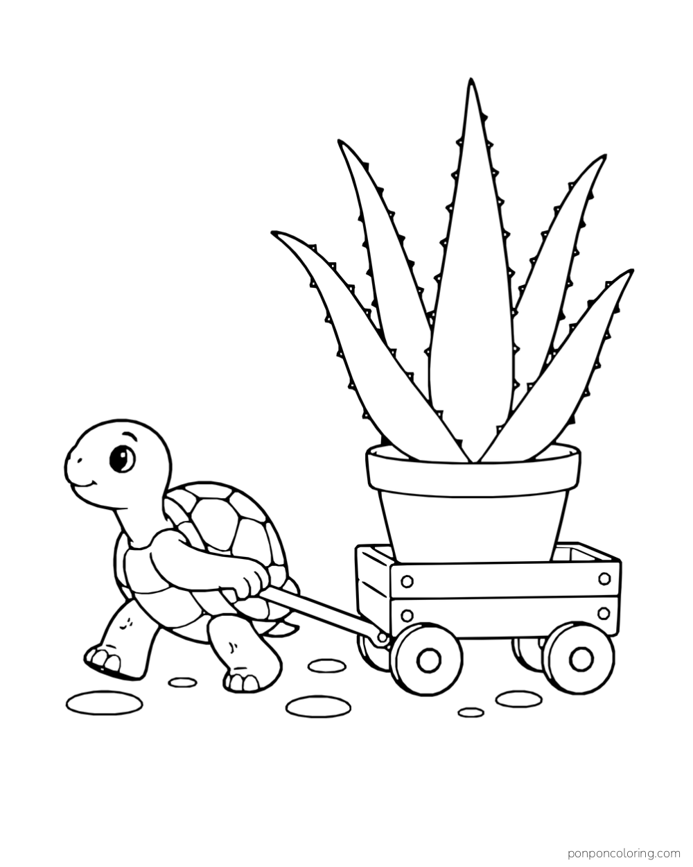Turtle pulling a low wagon carrying a pot of tall pointed succulent leaves.