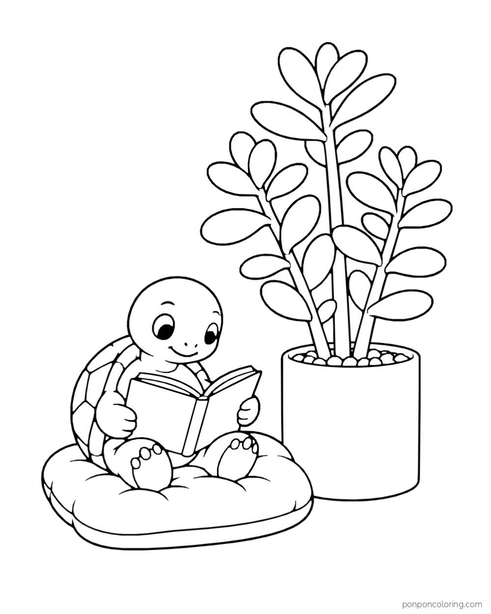 Turtle reading on a floor cushion beside a tall pot of branching oval succulent leaves.