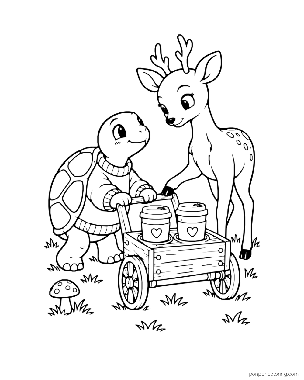 A turtle brings two cocoa cups on a little wheeled cart to a deer.