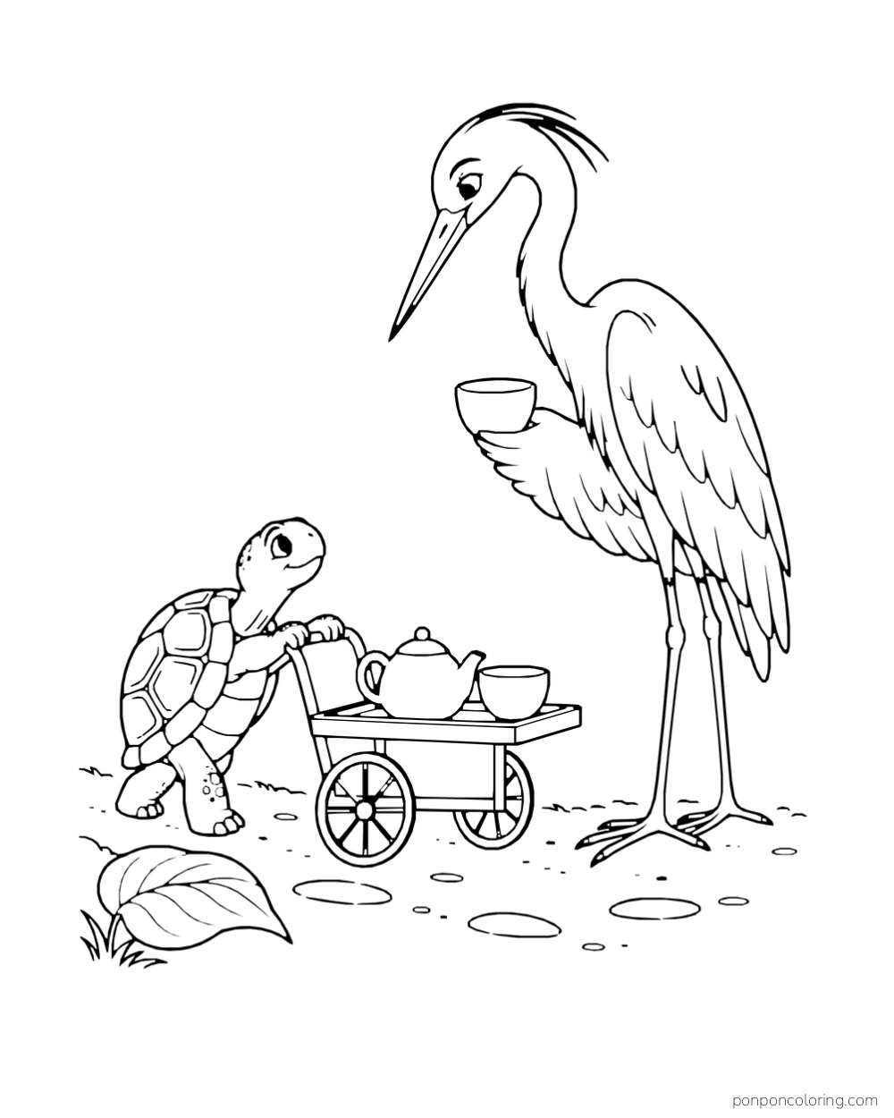 Turtle wheels a tea cart toward a tall heron holding a cup.