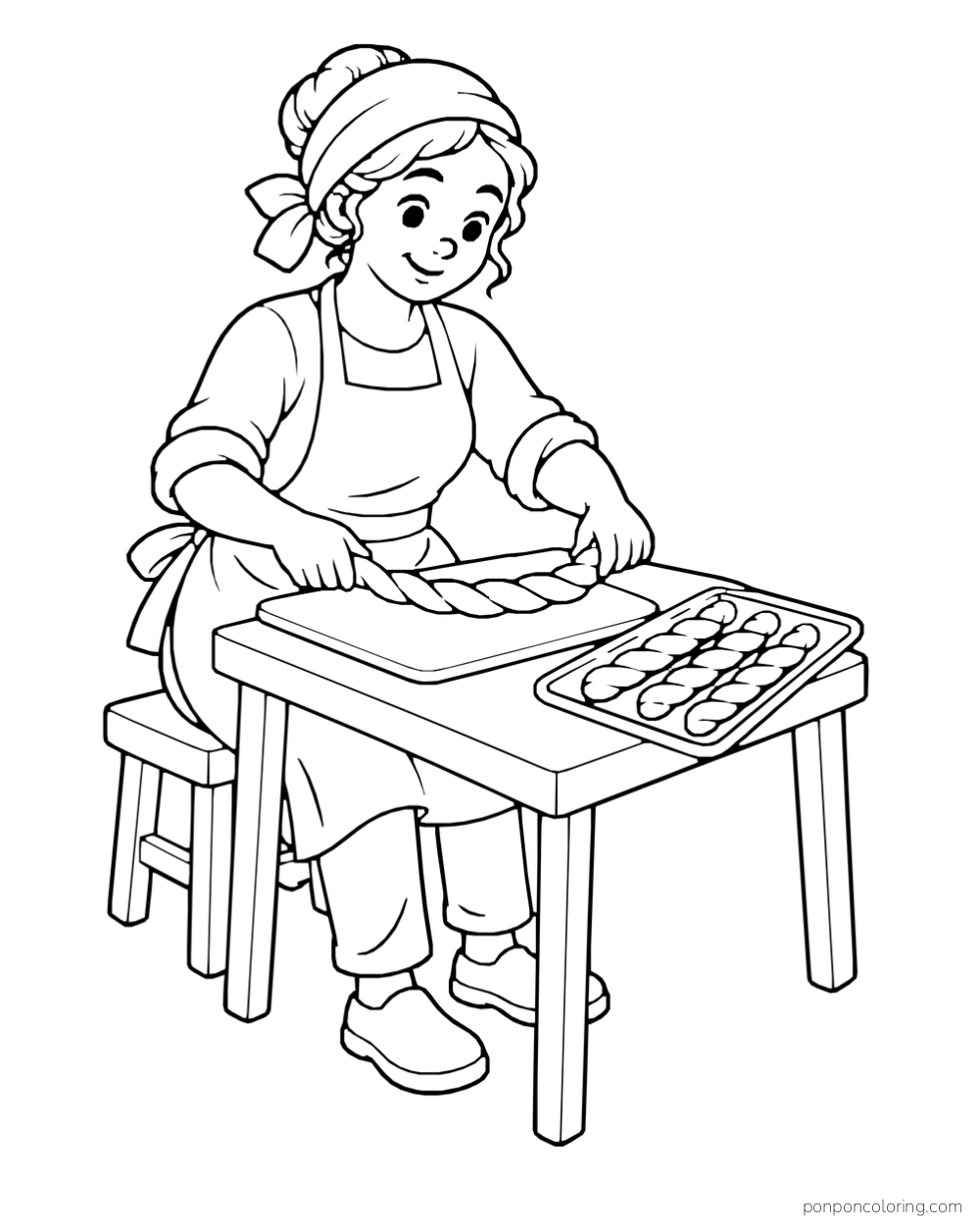 A baker twists a long rope of dough at a table beside a tray of shaped breadsticks.