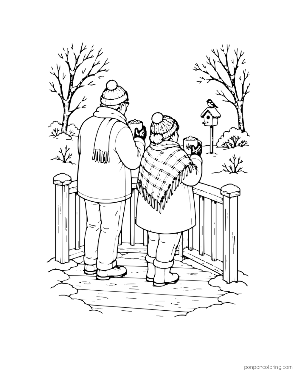 Two adults seen from behind hold cocoa mugs at a porch rail above a winter landscape.