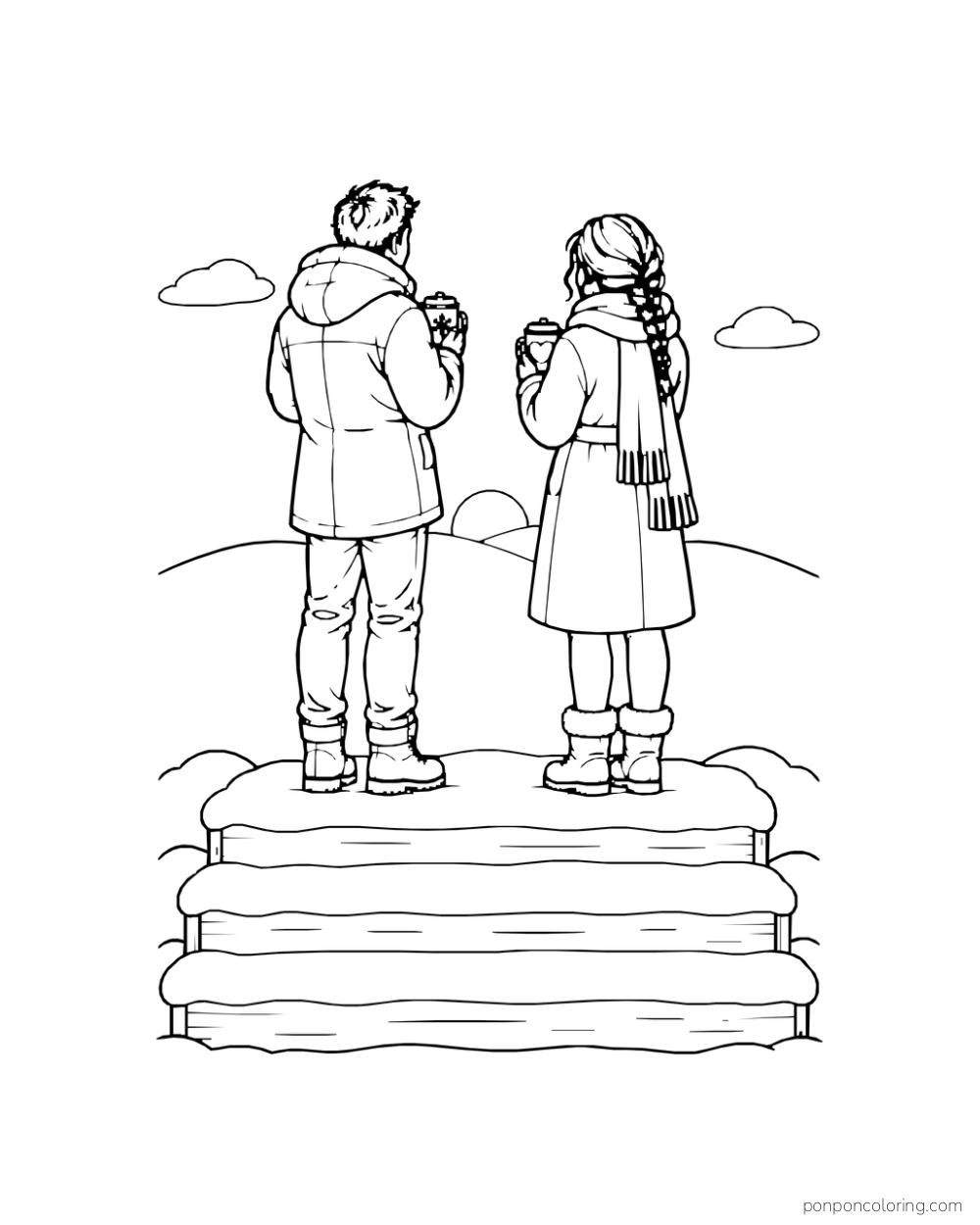 Two adults seen from behind hold mugs while looking across a winter landscape from steps.