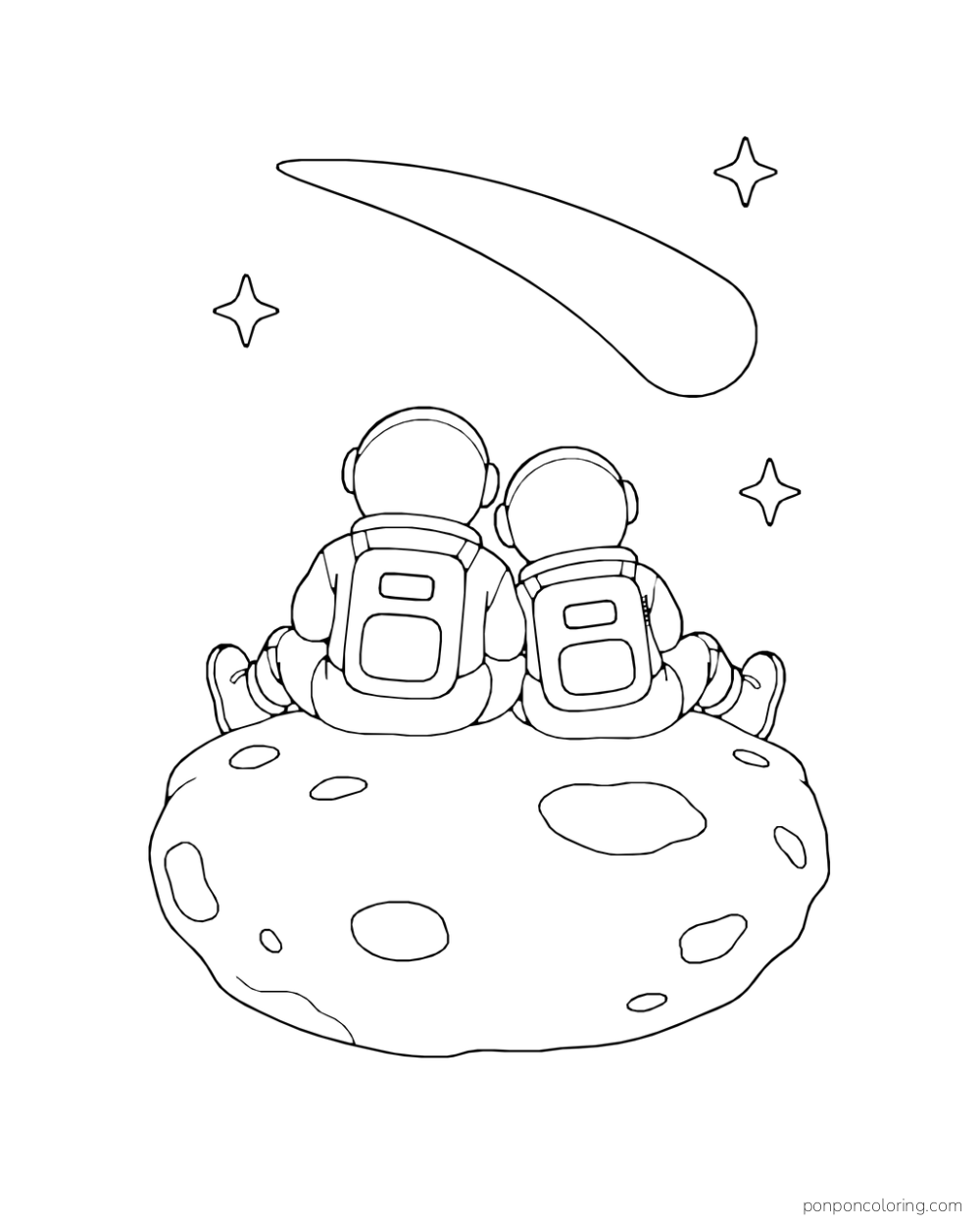 Two seated astronauts look up at a curved streak and stars above a rocky ledge.