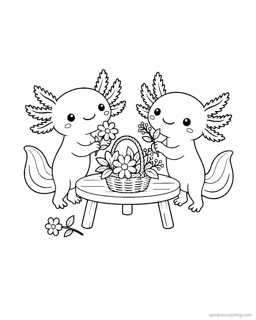 Two axolotls arranging flowers in a basket on a low round table, with a few loose flowers beside them.