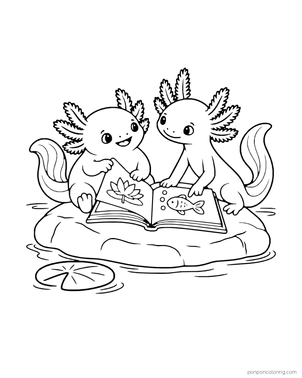 Two axolotls sitting on a rock and looking at an open picture book with a flower and fish on its pages.