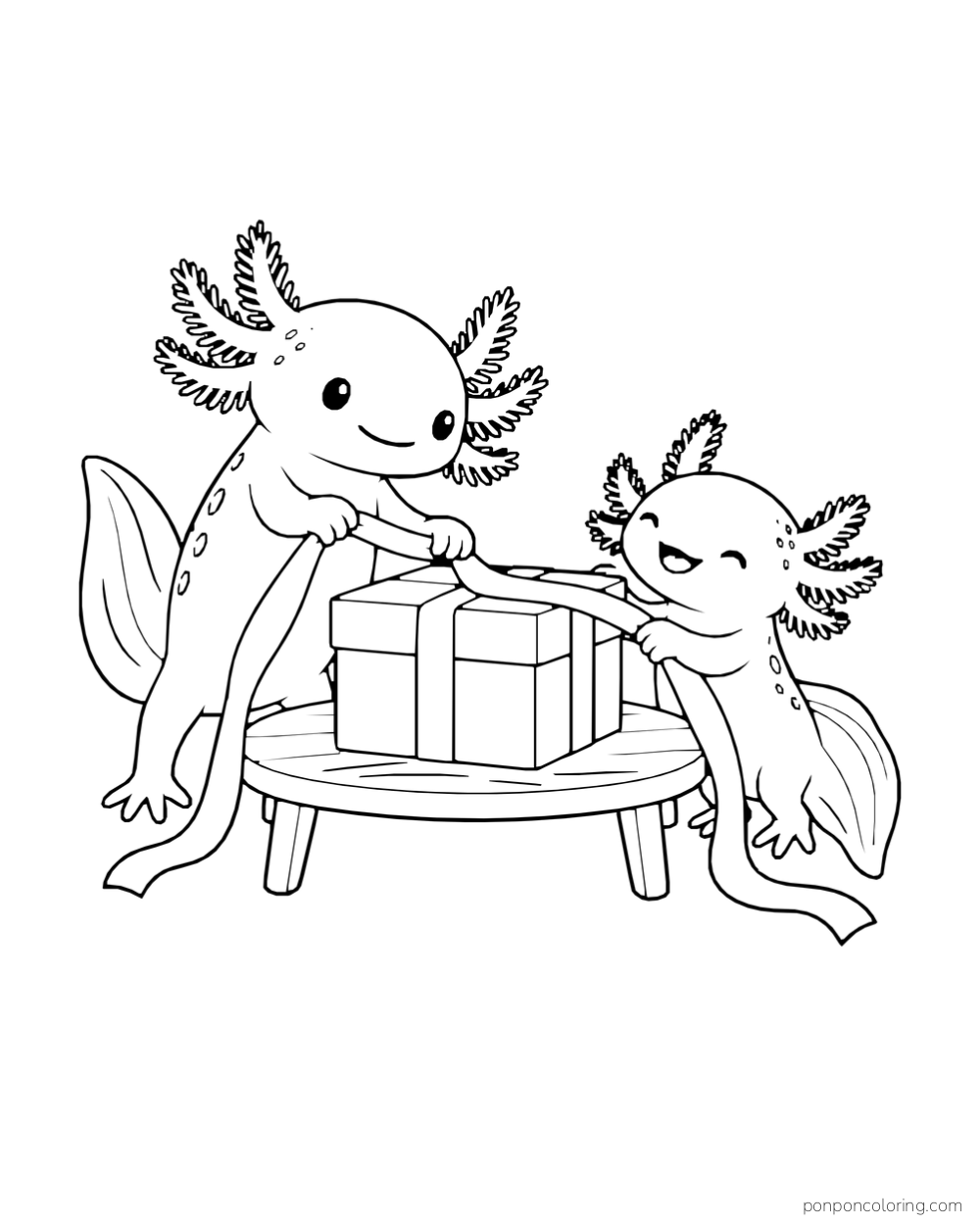 Two axolotls reaching across a low table toward a ribboned box.