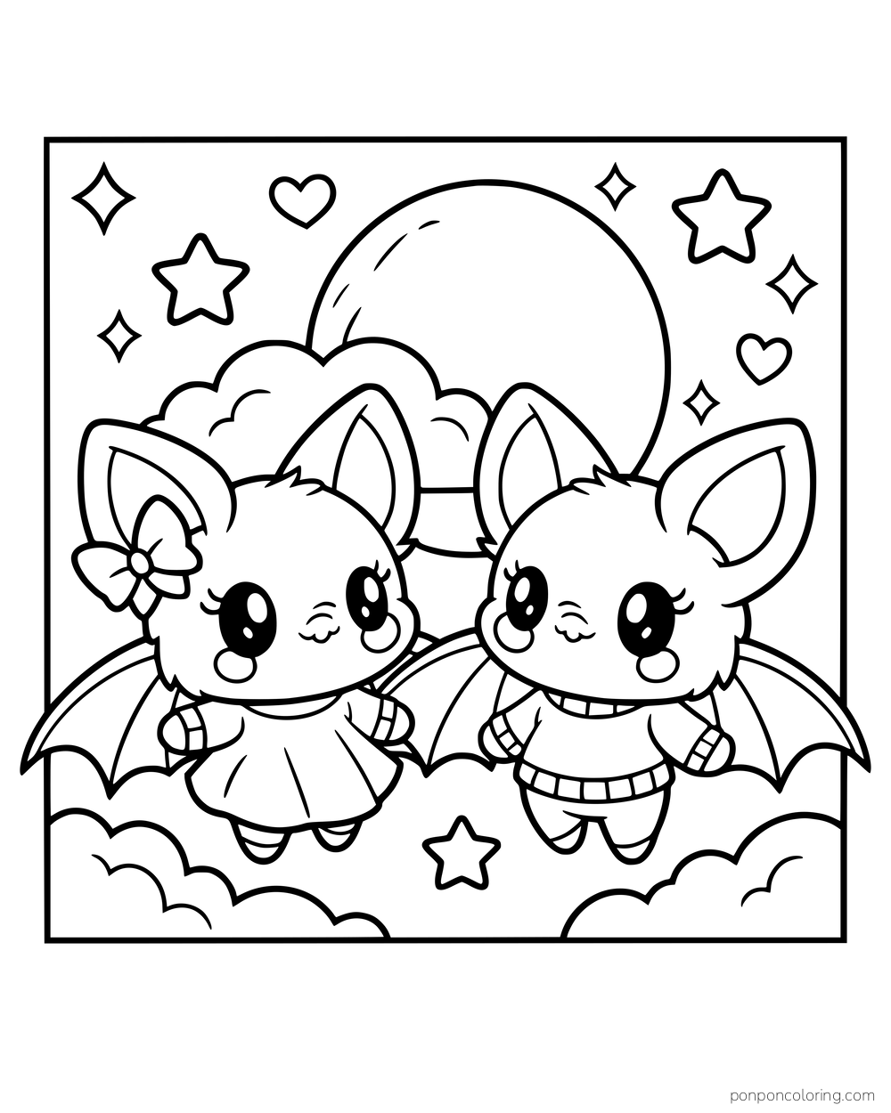 Two smiling bats fly above clouds with a moon, stars, hearts, and sparkles behind them.