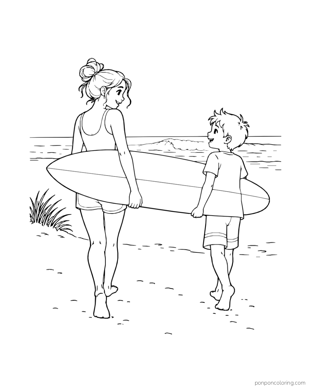 Two beachgoers carry one long surfboard toward the water.