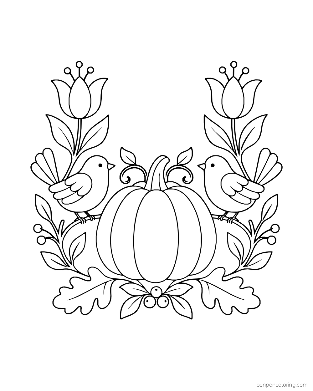 Two birds perch beside a pumpkin among tall tulips, leafy sprigs and berries.