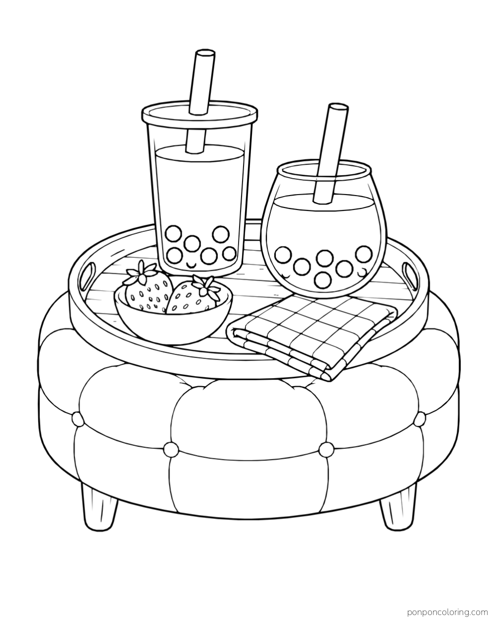 Two boba tea cups with straws sit on a tray with a bowl of strawberries and a checked cloth, above a cushioned footstool.