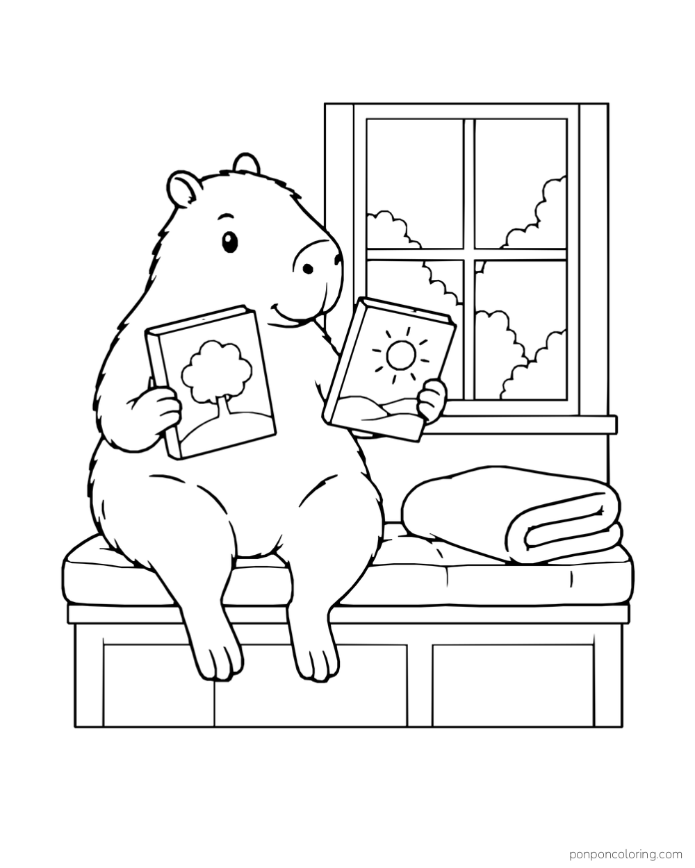 A capybara on a window bench holding two books beside a folded blanket.