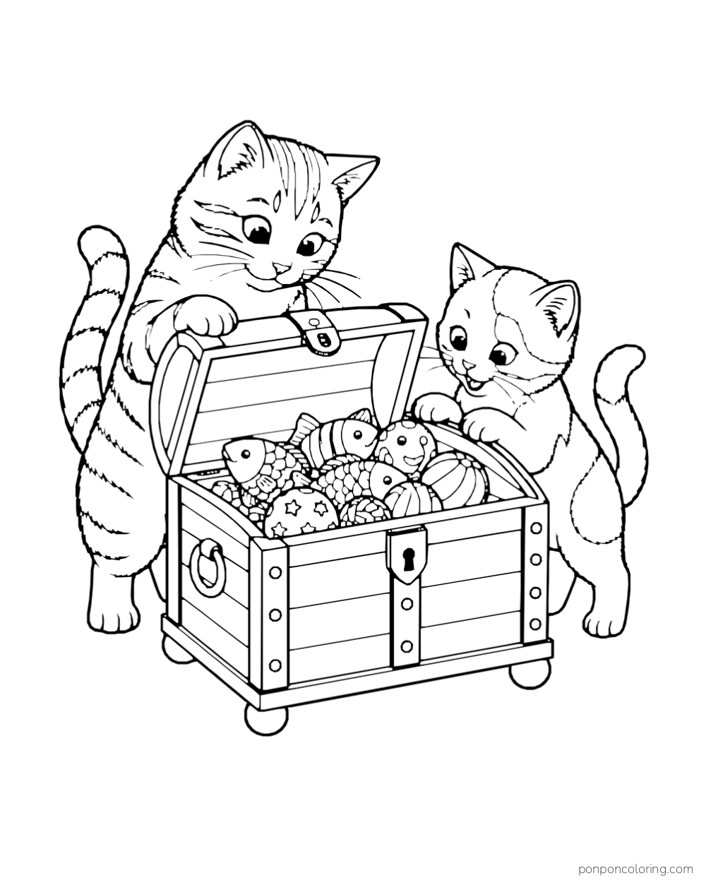 Two kittens examine an open chest filled with toy mice, fish, and patterned balls.