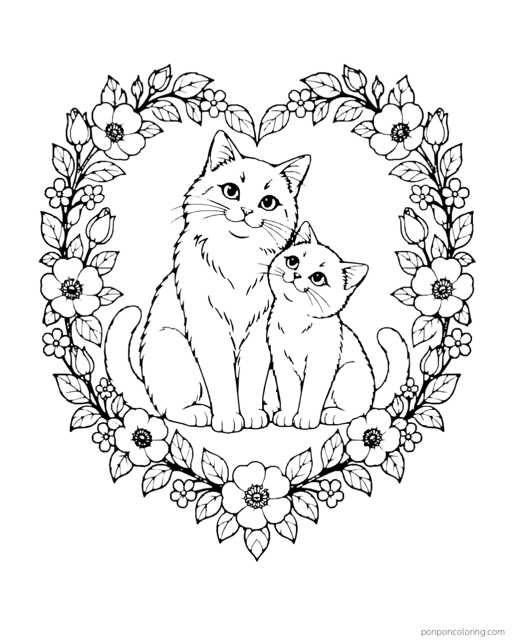 A cat and kitten sit inside a heart-shaped floral wreath.