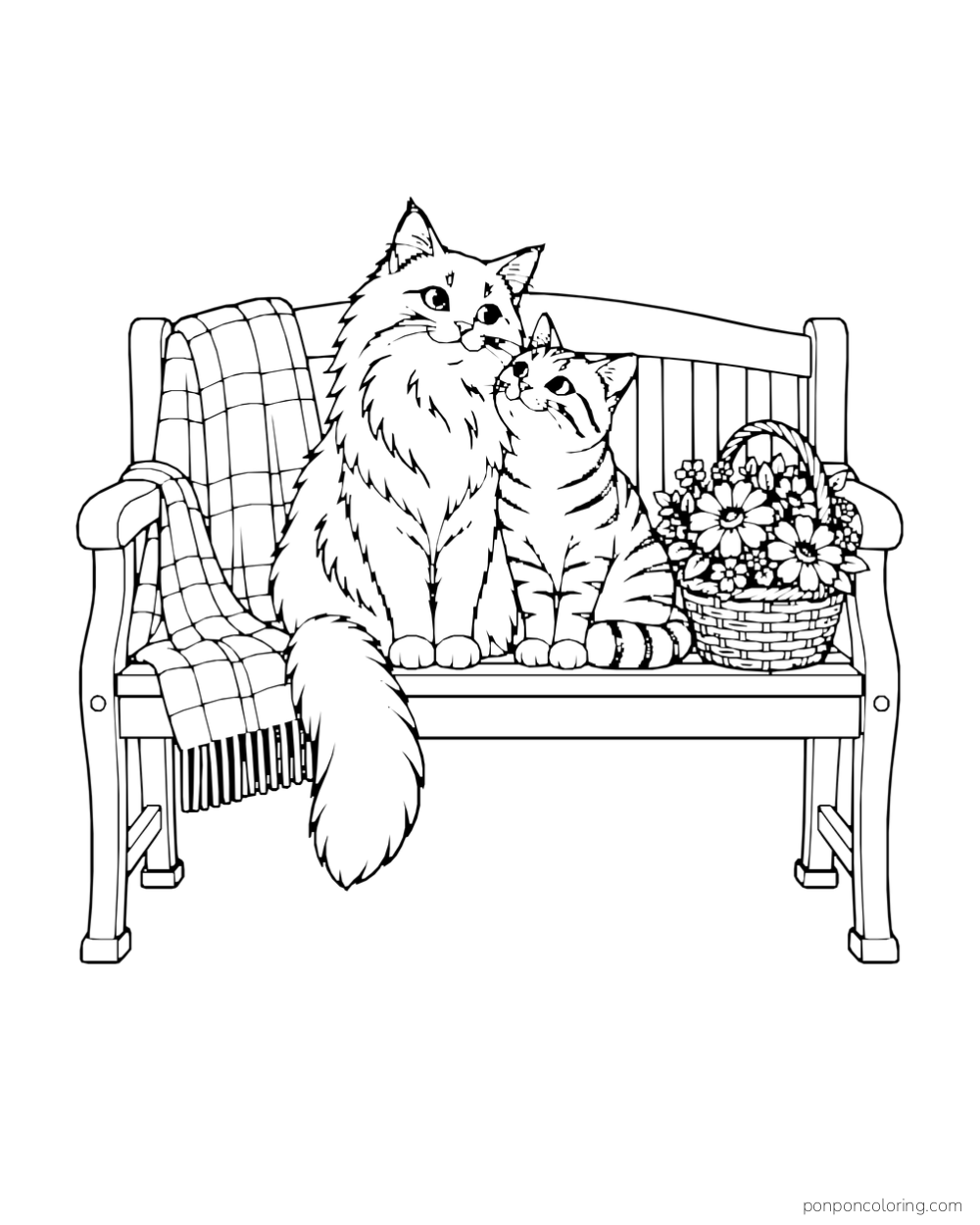 Two cats sit on a garden bench with a checked blanket and basket of daisies.