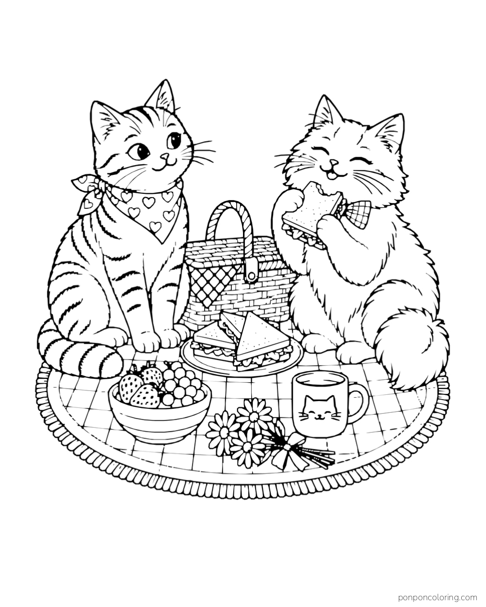 Two cats share a picnic with sandwiches, fruit, a mug, and a basket on a round blanket.