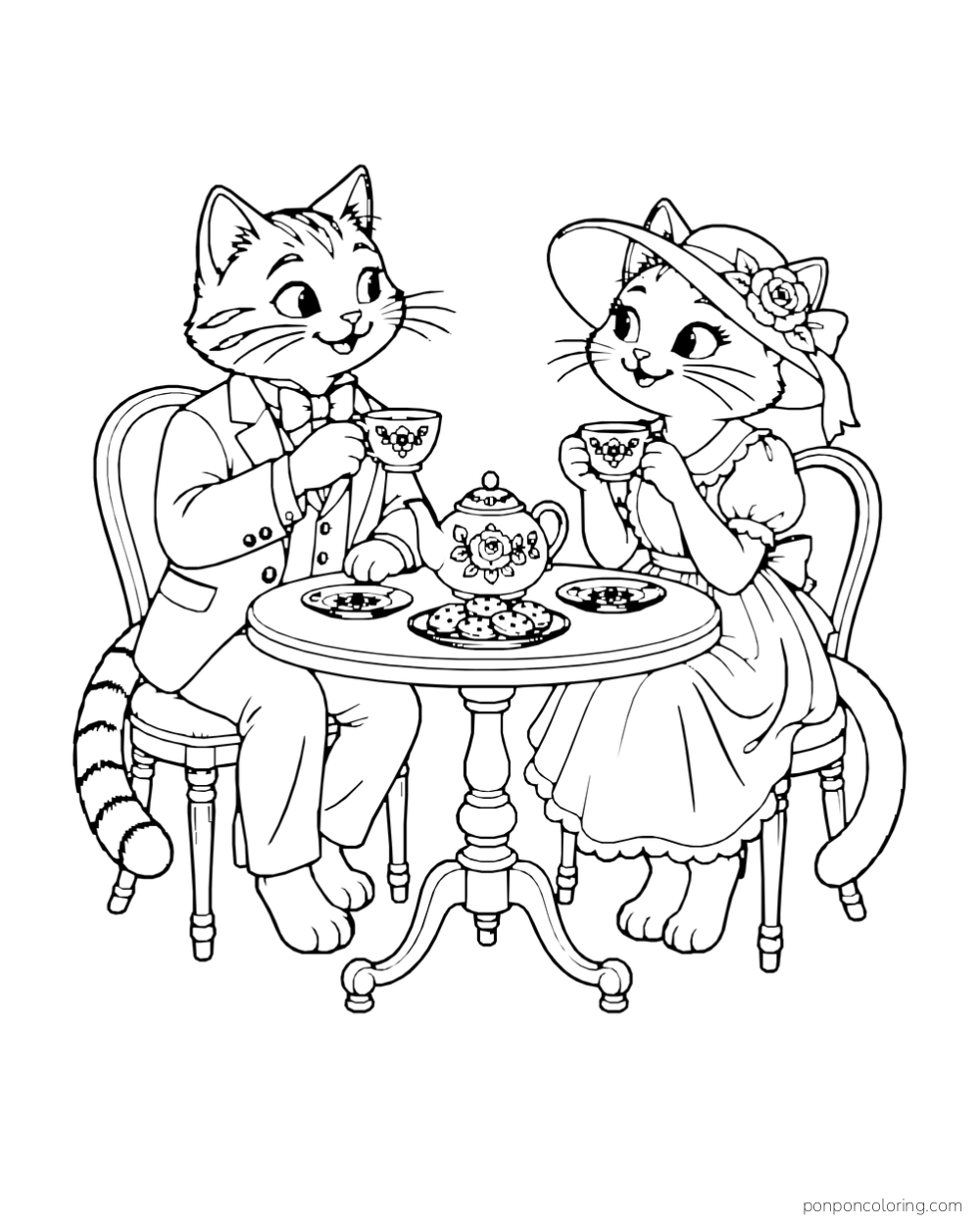 Two dressed cats share tea and cookies at a round table with a floral teapot.