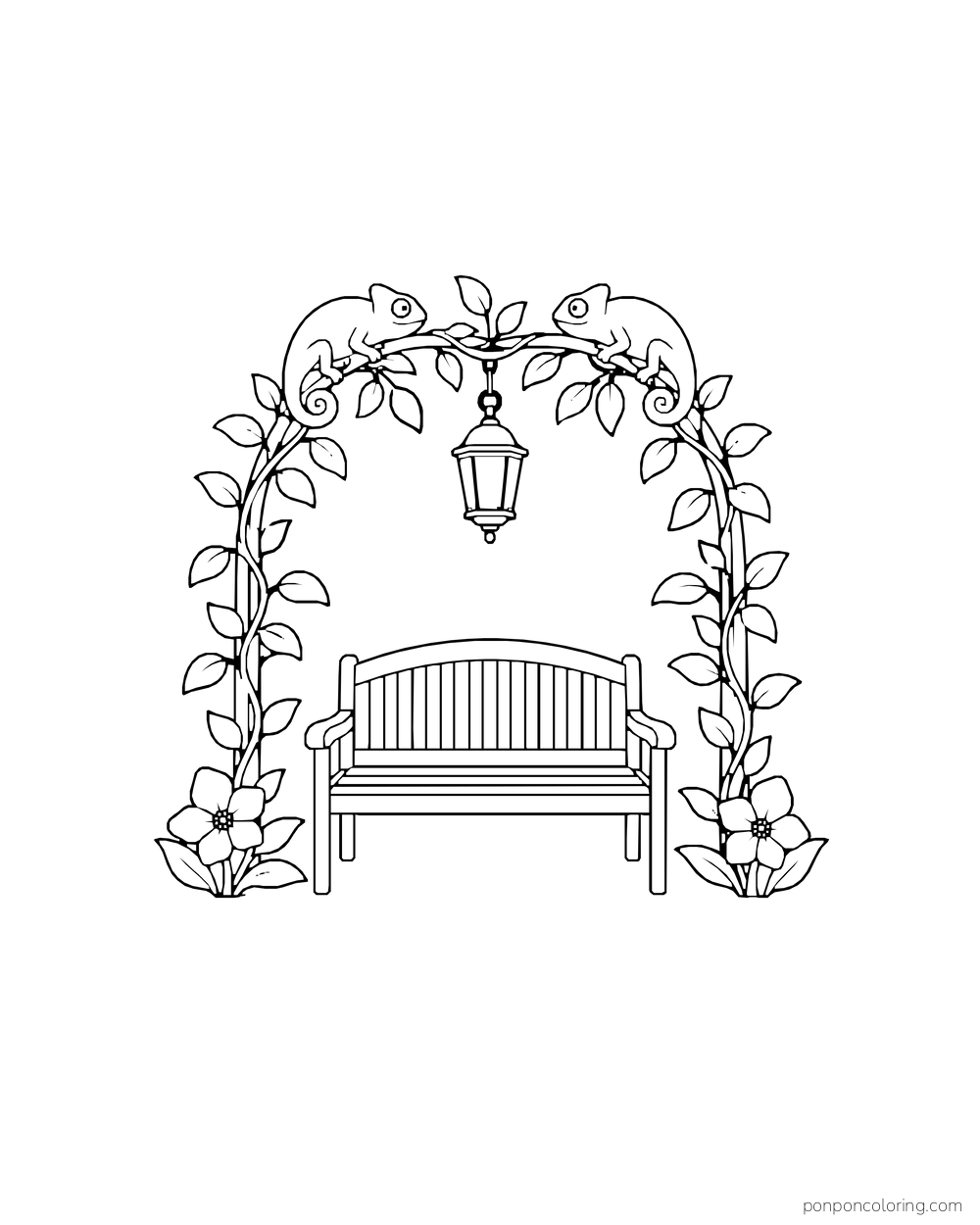 Two small chameleons perch on opposite sides of a leafy garden arch above a lantern and an empty bench.