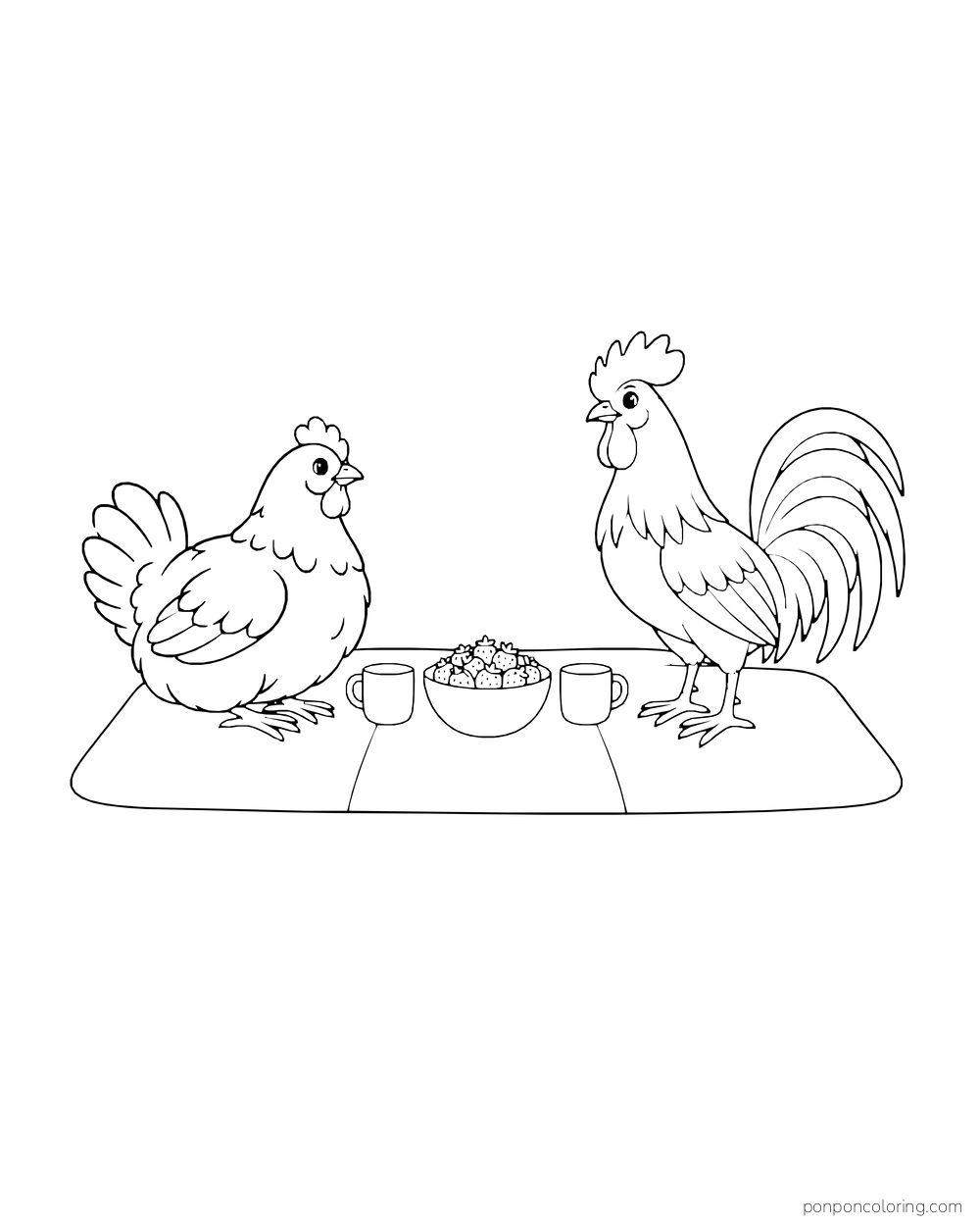 Two adult chickens sitting beside cups and a bowl of berries on a picnic blanket