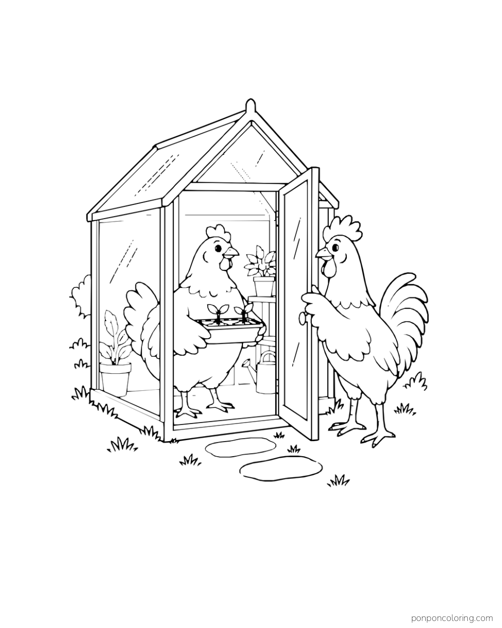 One hen inside a small greenhouse with a seedling tray while a rooster holds the door