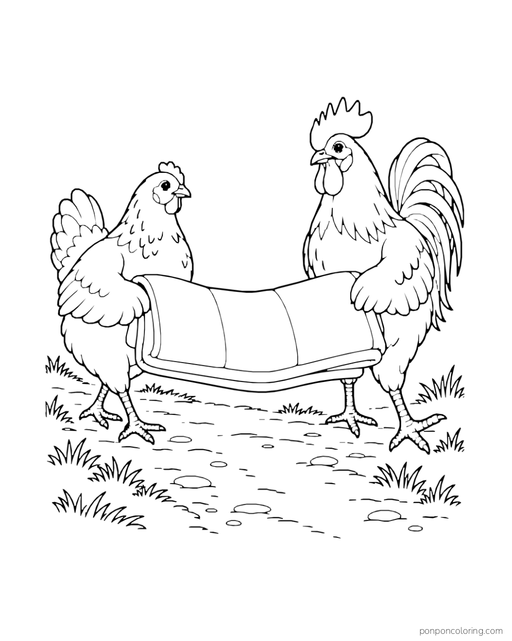 Hen and rooster holding a folded quilt between them on a path