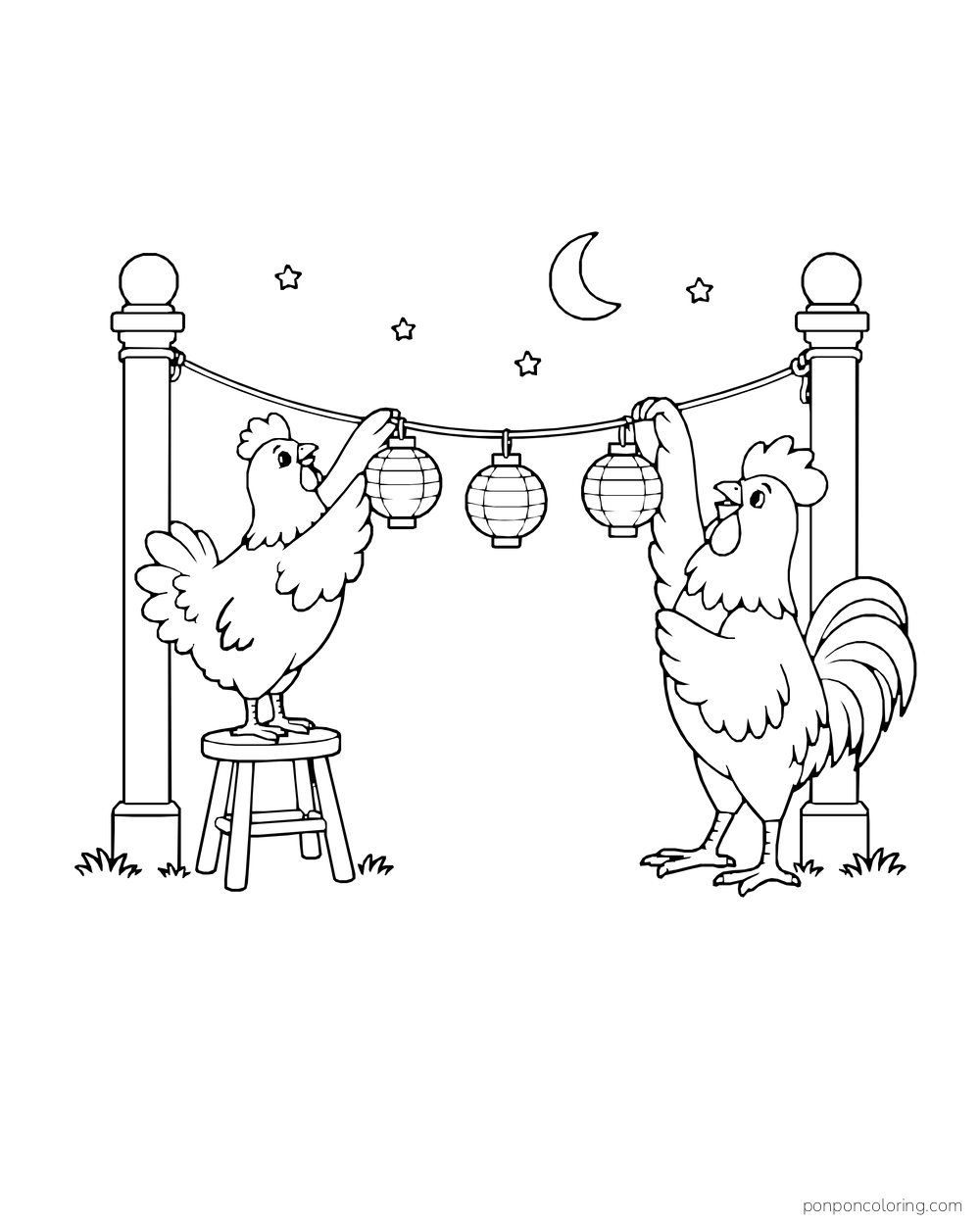 Hen on a stool and rooster beside her hanging three lanterns between posts