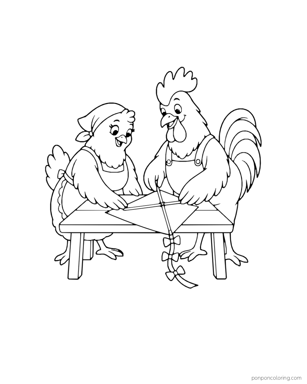 Two adult chickens holding a diamond-shaped kite on a low table