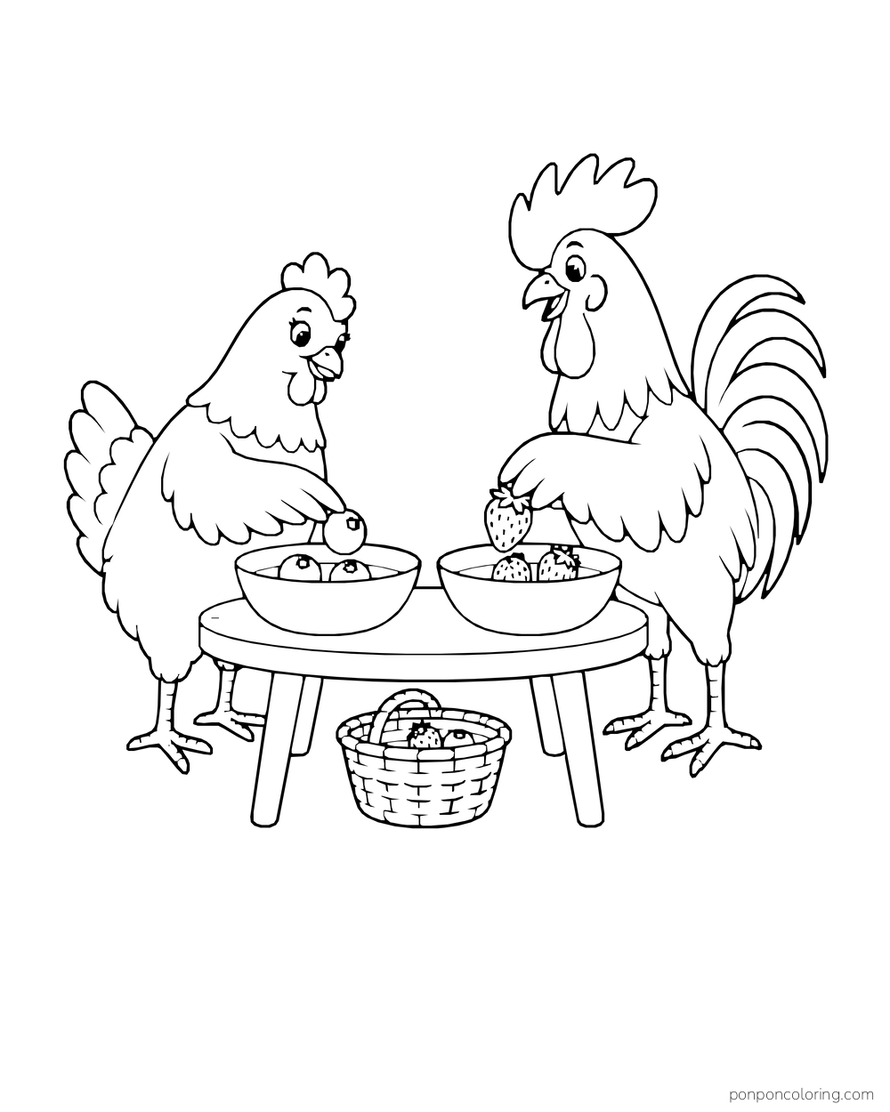 Two adult chickens moving berries into bowls on a low round table