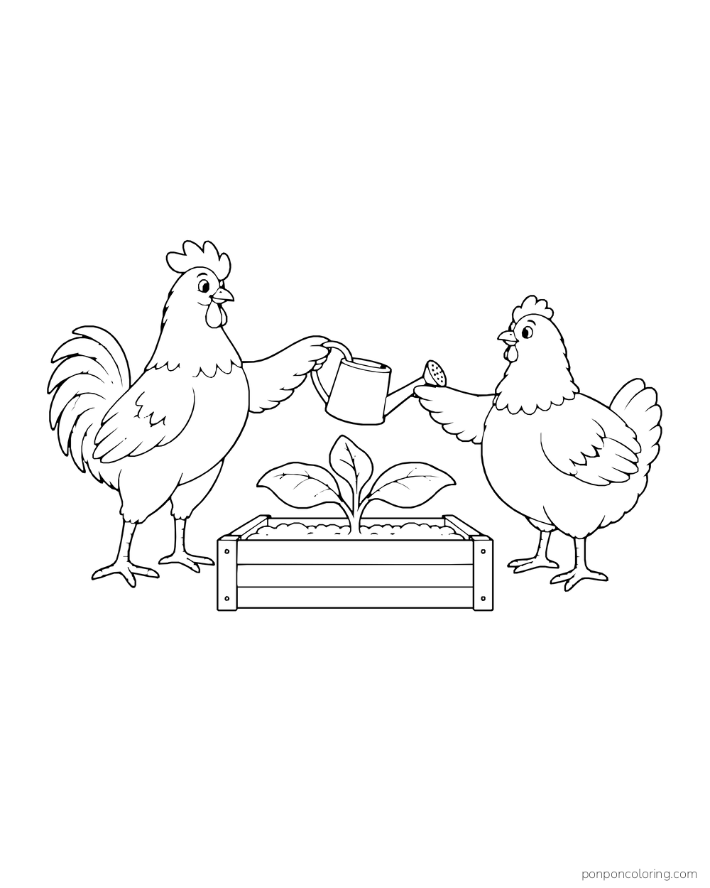 Two adult chickens holding cups beside a raised bed with one seedling