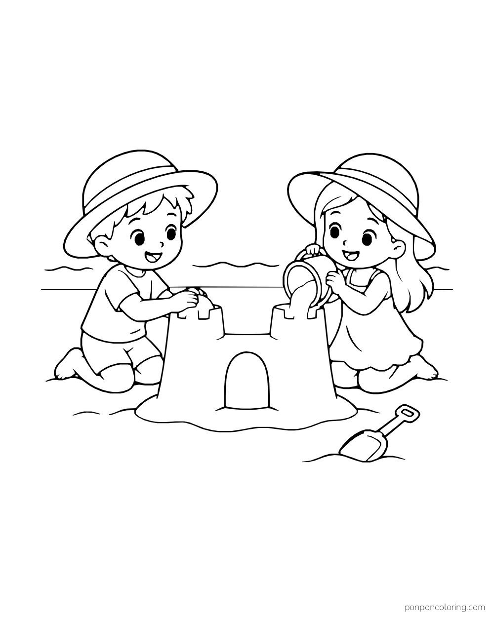 Two children shape a sandcastle beside a bucket and spade.
