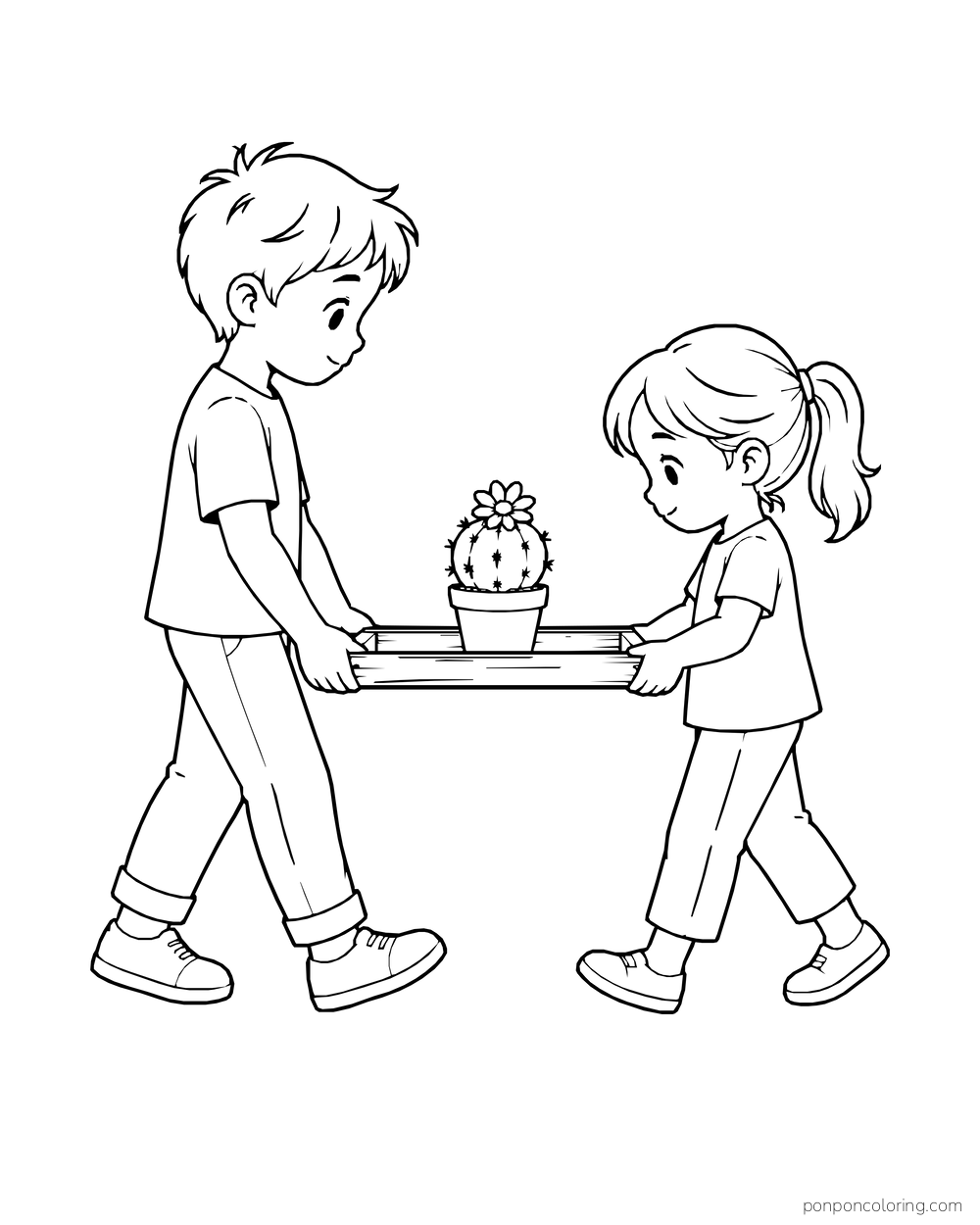 Two children carry a tray holding a small flowering cactus between them.