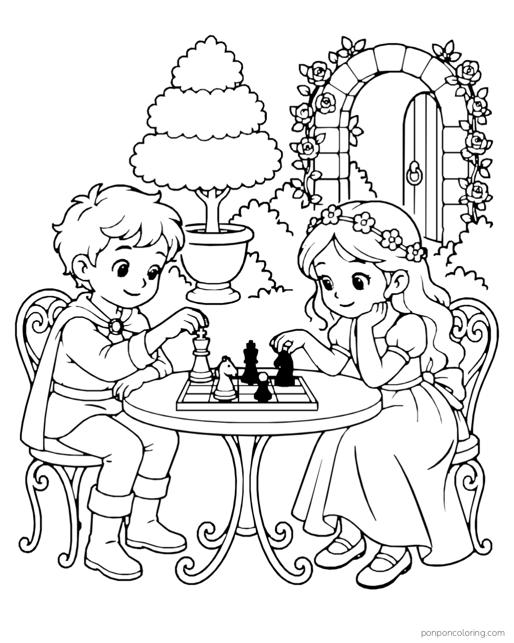 Two children playing chess at a small table near a potted tree and a rose-covered garden arch.