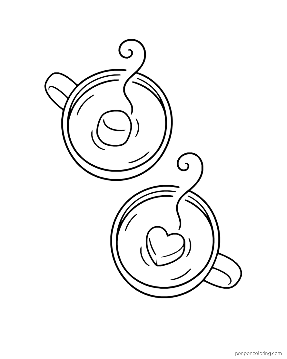 Overhead view of two cocoa mugs with steam curls and different marshmallow shapes.