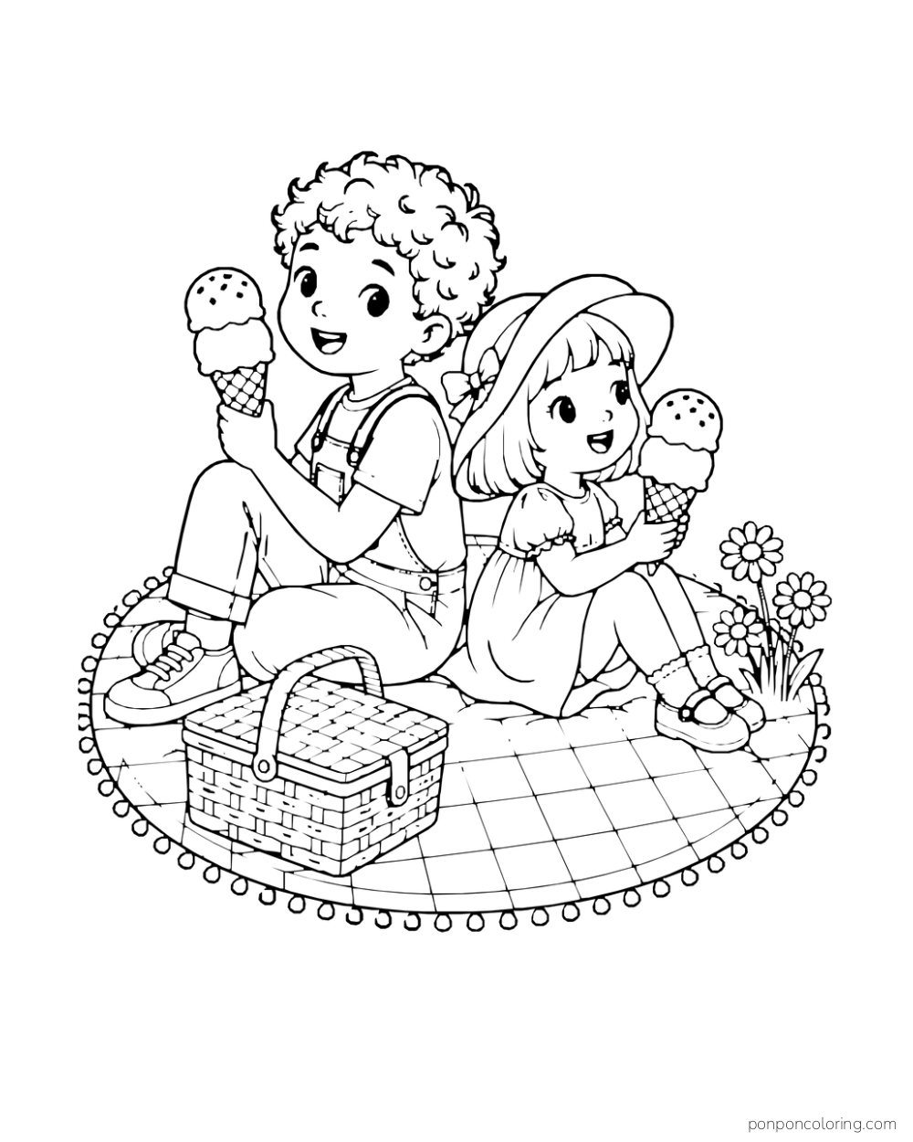 Two children sit back to back on a complete picnic blanket, each holding a double-scoop cone.