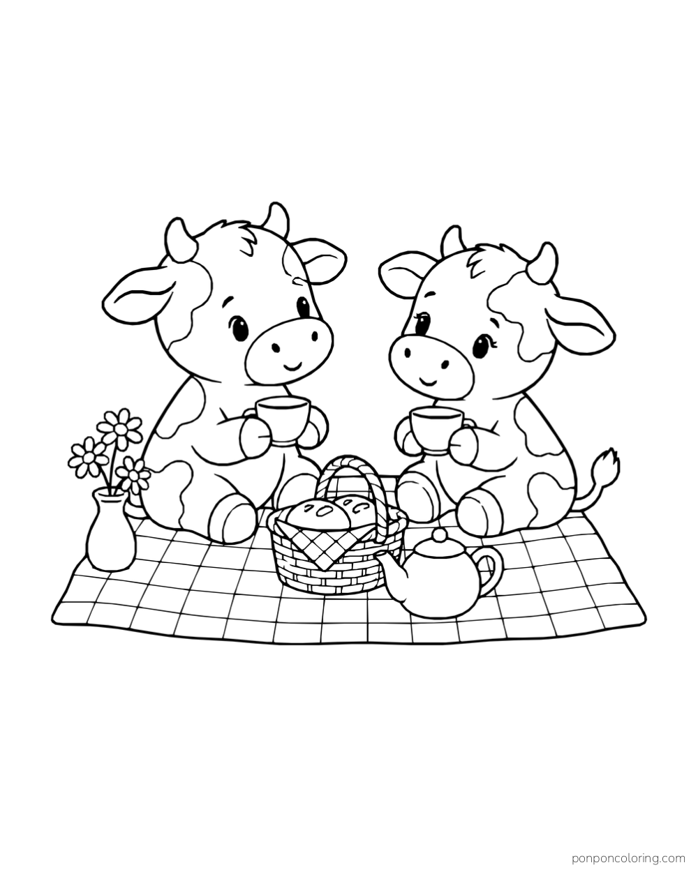 Two cows hold cups on a checked picnic blanket with a teapot, a basket of rolls, and a small vase of daisies.