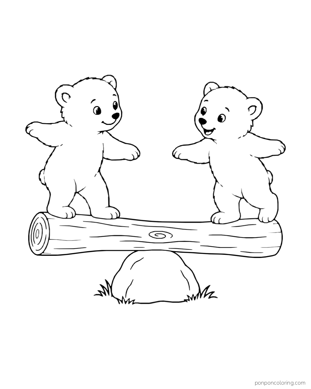 Two polar bear cubs balance on a log seesaw.