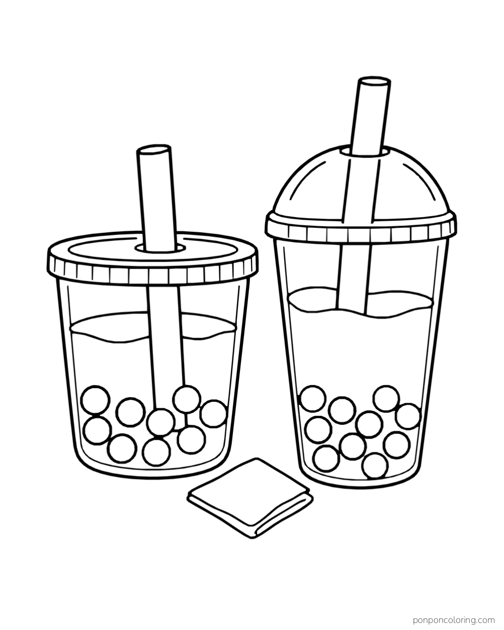 Two boba cups with different lids stand together beside a folded napkin.