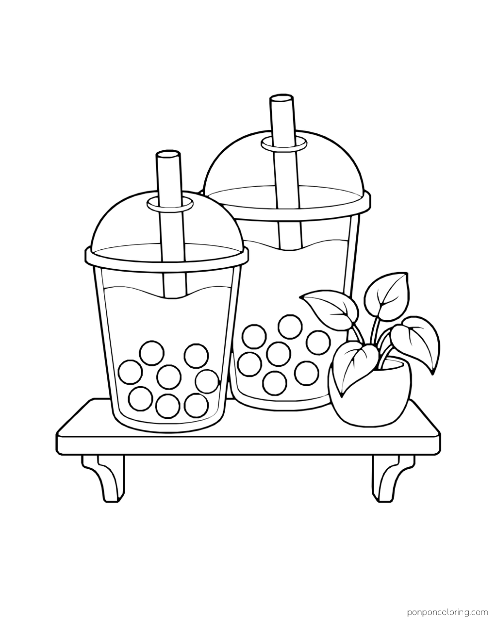 Two boba cups and a small potted plant sit on a wall shelf.