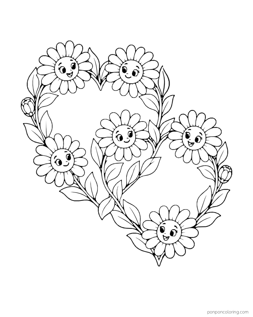 Smiling daisies and leaves form two overlapping heart-shaped wreaths.